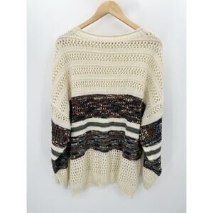 Chicsoul‎ Womens 2X Cream Brown Striped Knit Pullover Sweater Chunky Cozy Casual